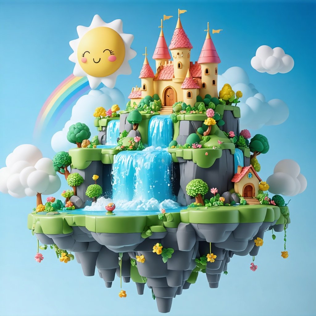 A magical floating island with a tiny cartoon castle and rainbow waterfalls, sunny skies, whimsical feel