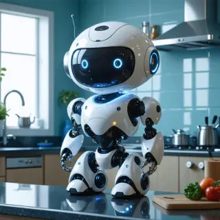 A robot shaped like a toaster, with glowing eyes and smooth metallic surfaces, in a cartoon kitchen, hyper-realistic shading