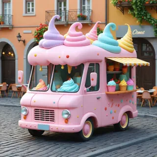 A cartoon-style ice cream truck with exaggerated curves and colors, parked on a cobblestone street, highly detailed 3D rendering